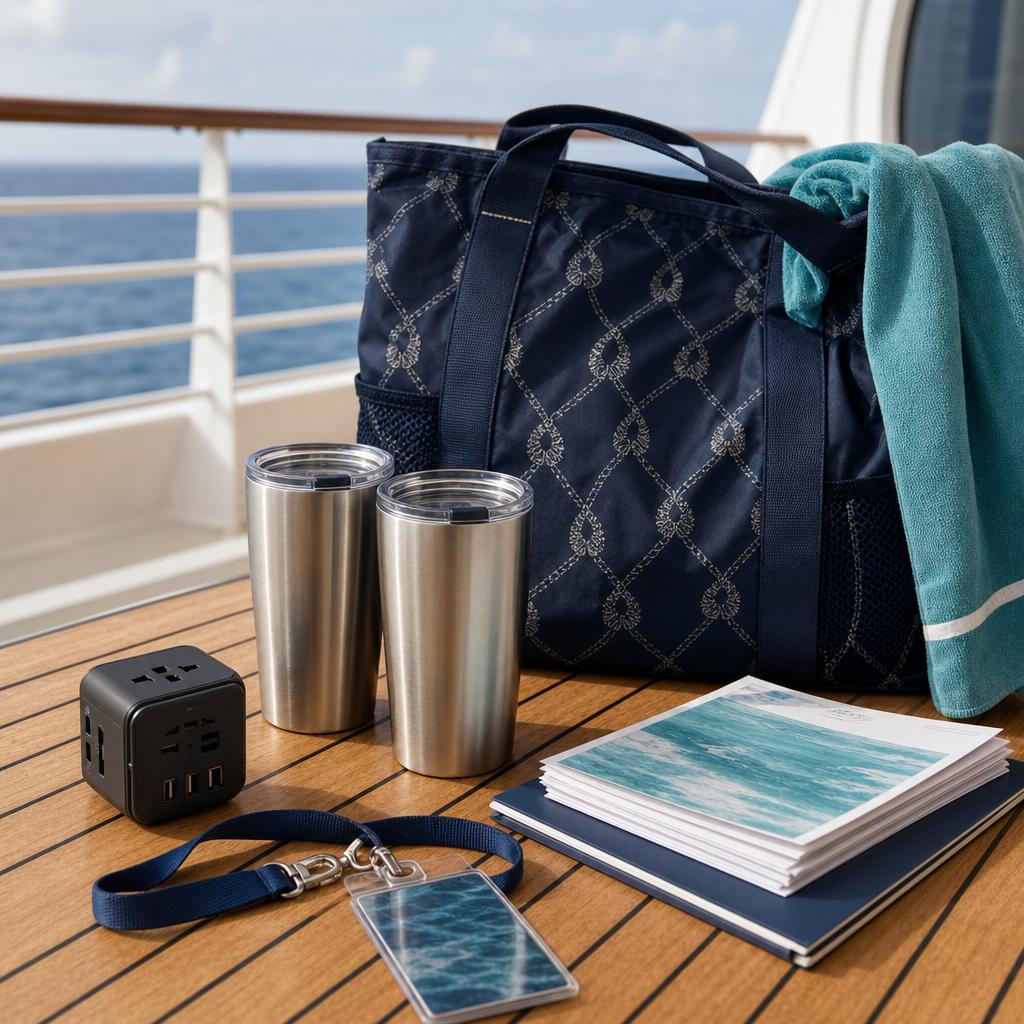Cruise travel products arranged on the teak deck of an ocean liner